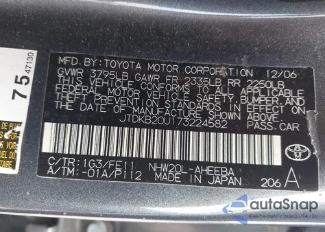 2007 Toyota Prius z USA, uszkodzony, nr VIN JTDKB20U173224582